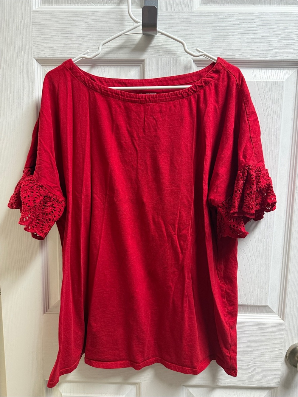 Red Short Sleeve Tee with Crochet Ruffle Sleeves